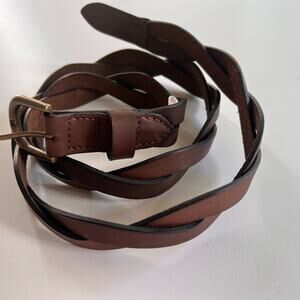 Braided Brown Leather Belt | Woven Twist Design | Brass Tone Buckle | Size Large